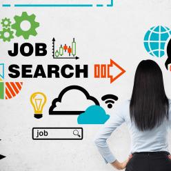 Woman looking at job search graphics
